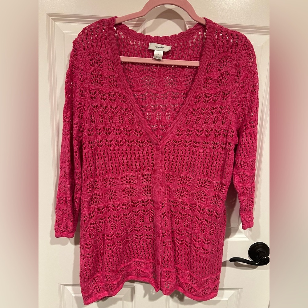 Women’s Size 1X CJ Banks Pink Crocheted Cardigan Sweater 3/4 Sleeves